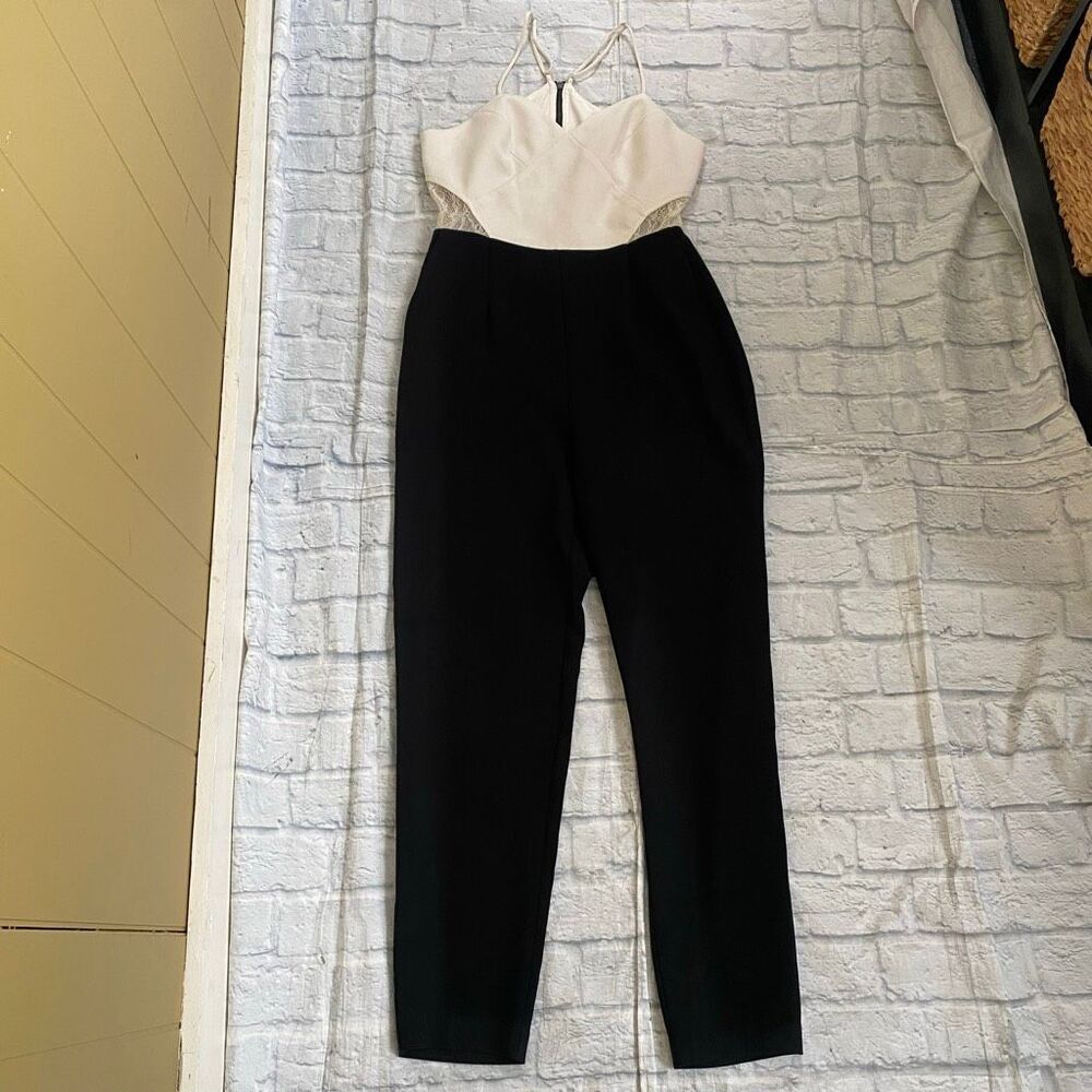 BCBGeneration women 12 v-cut spaghetti strap open back jumpsuit black & white